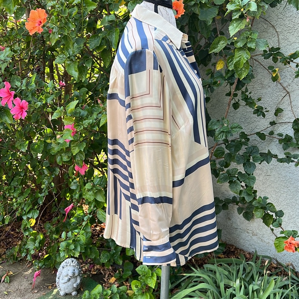 Lafayette 148 New York Abstract Striped Geometric Silk Satin Button Down Blouse - Picture 3 of 8